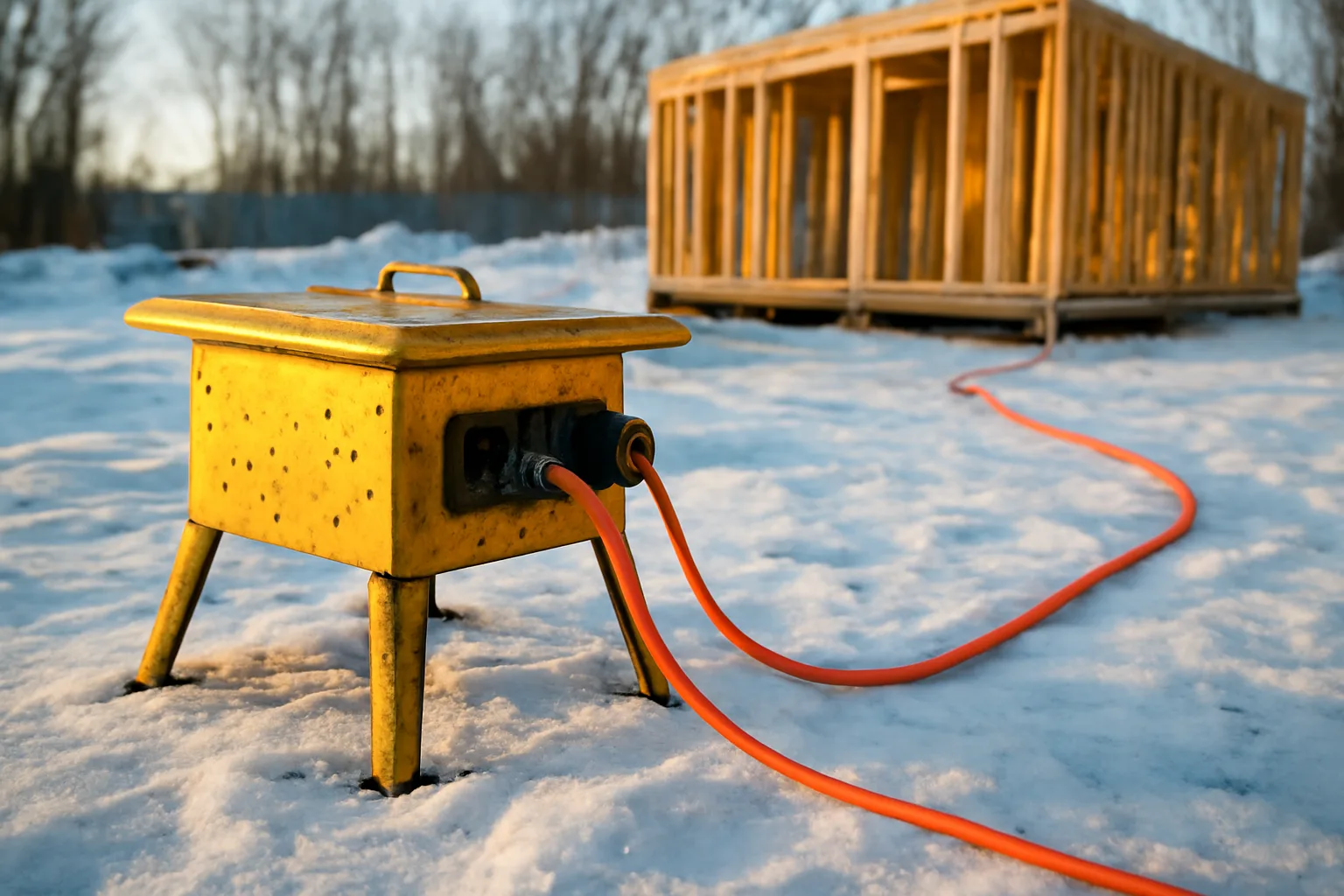 Temporary power board in snowy Alaska construction site with cabin framing