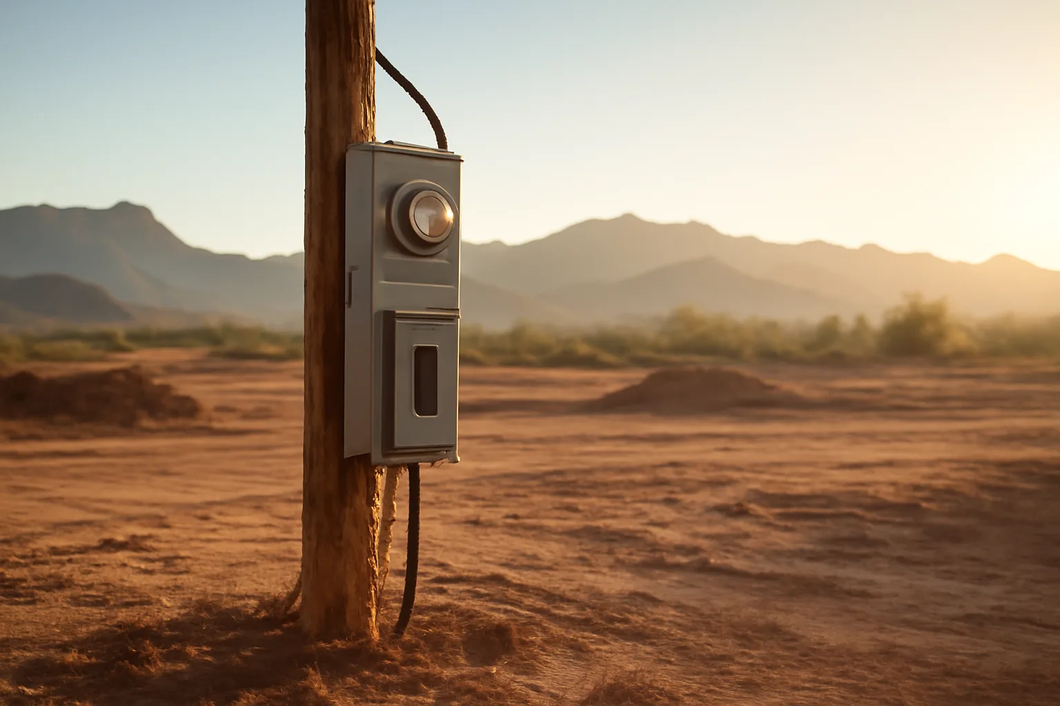 Temporary power pole and breaker panel on an Arizona construction site.