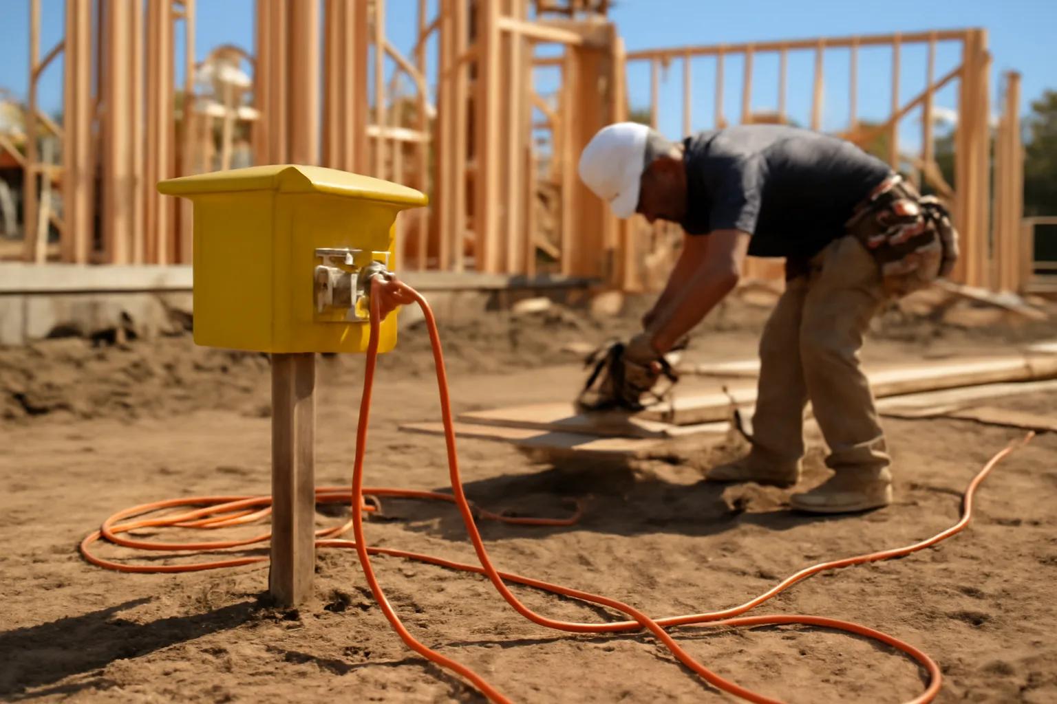 Yellow temporary power board on a sunny California construction site.