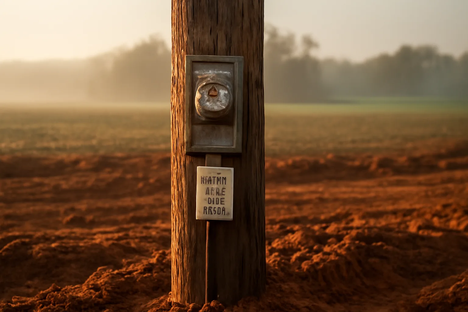 a temp power pole on a rural Alabama construction site in morning light