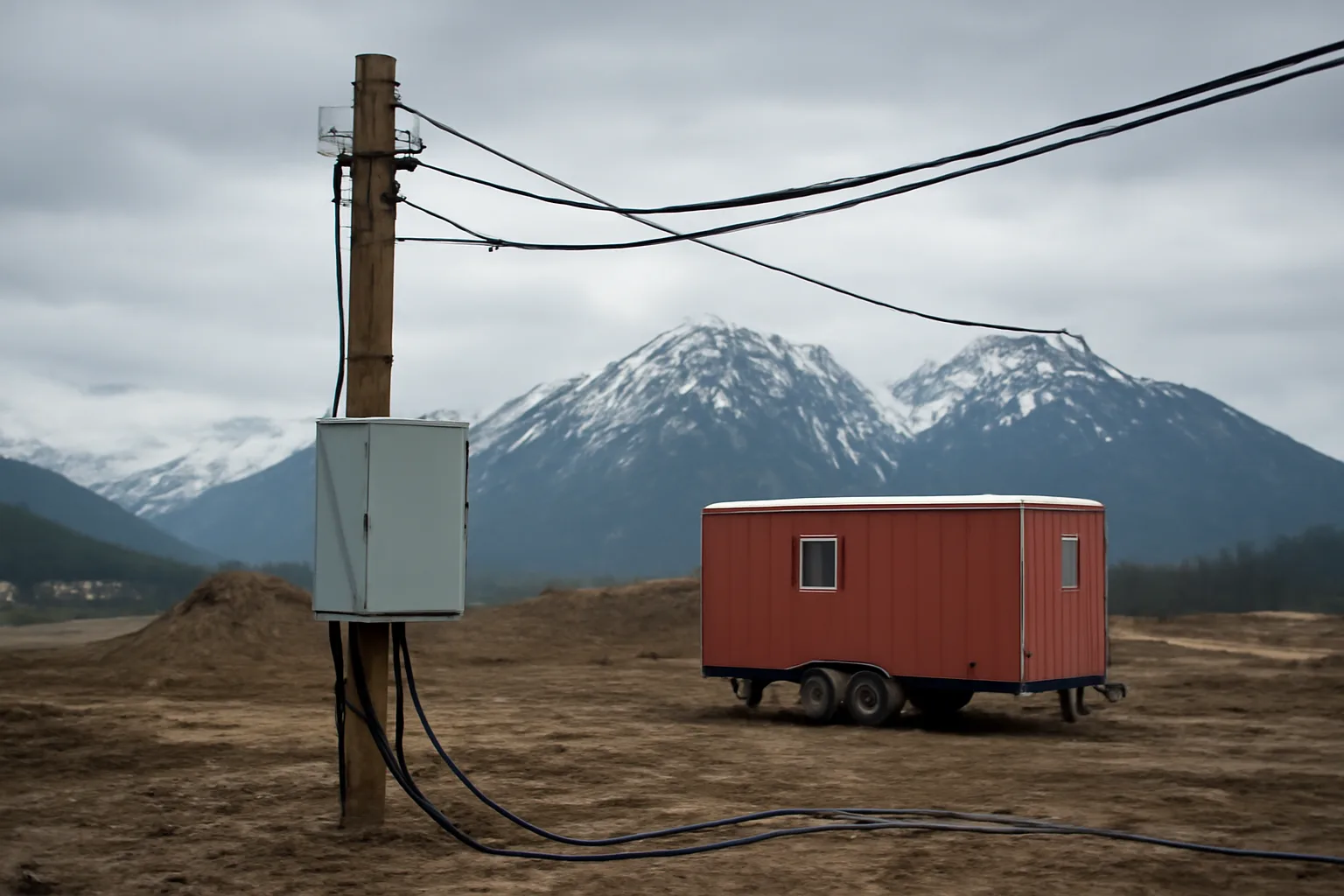 Temporary power pole at an Alaska construction site with mountains in background