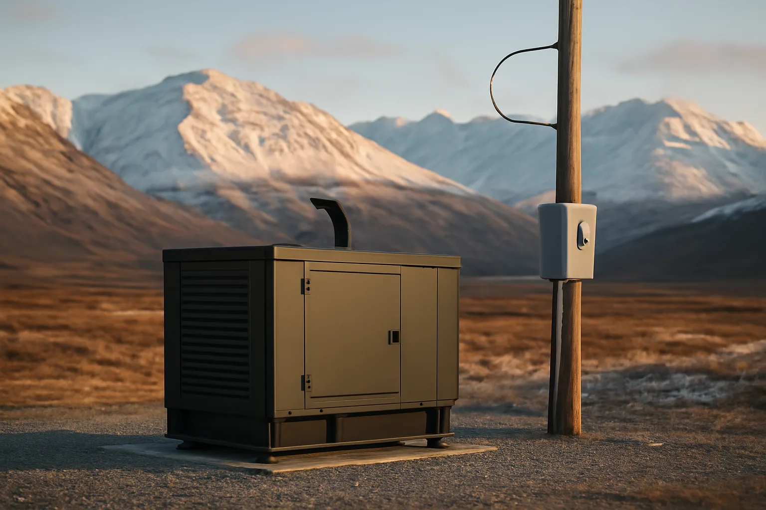 Diesel generator and temporary power pole at an Alaska construction site in winter