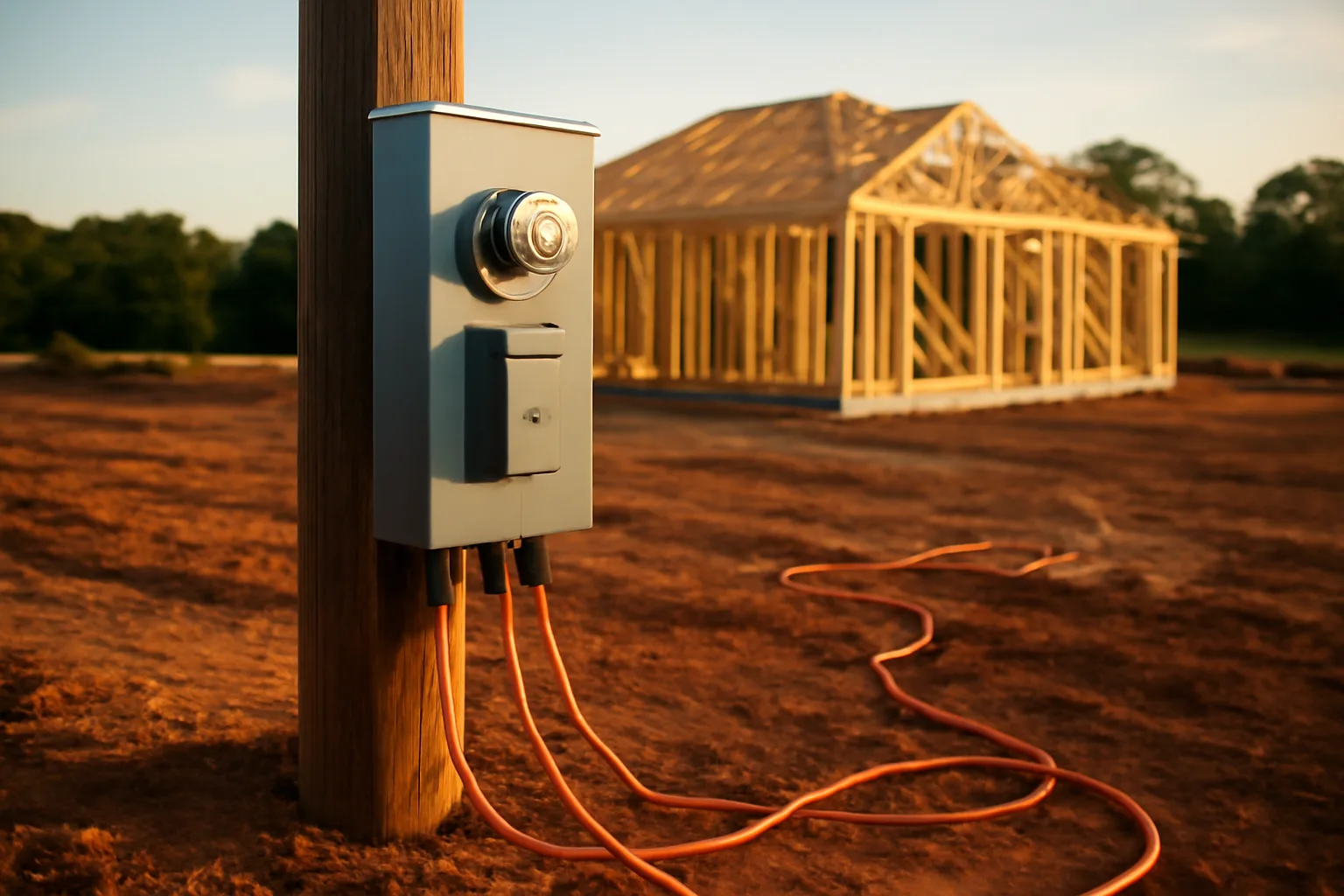 Temporary power pole and meter on an Arkansas construction site