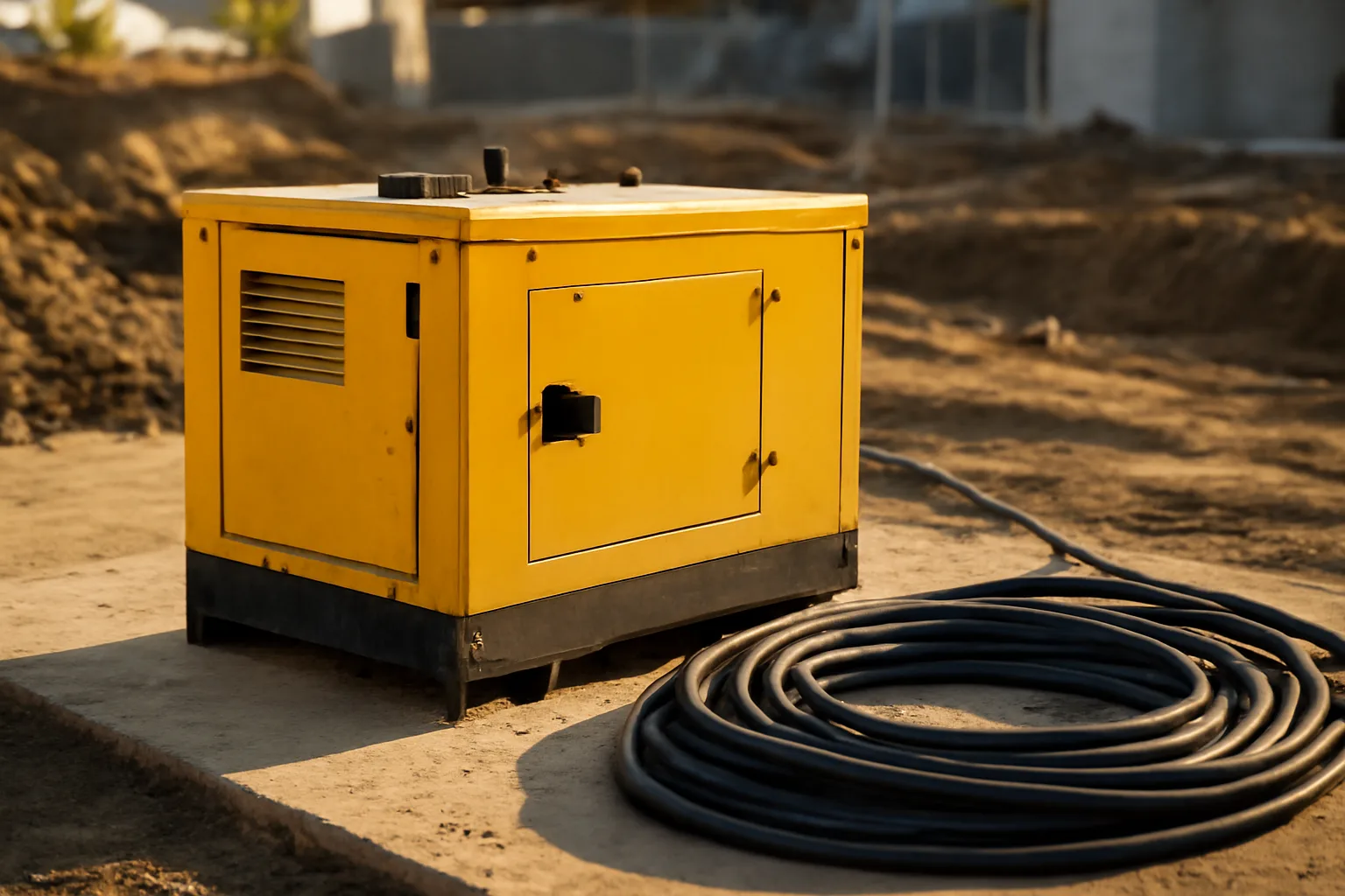 Portable diesel generator and cables on a California construction site.