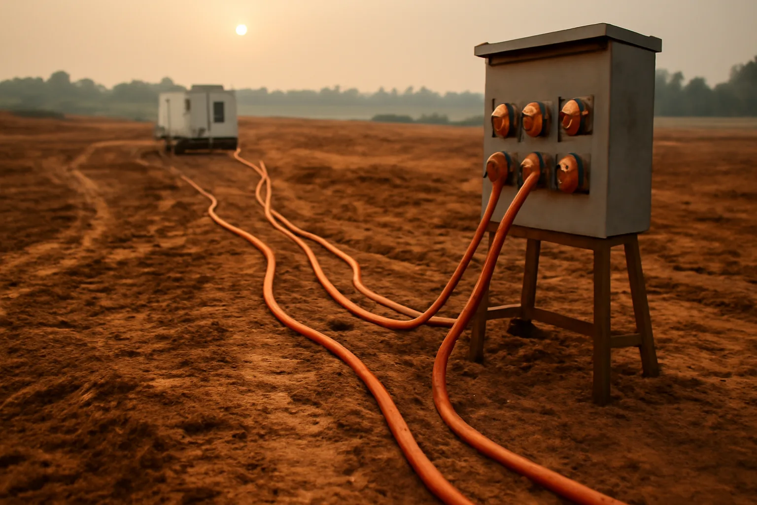 Temporary power distribution equipment on a red dirt construction site in Alabama