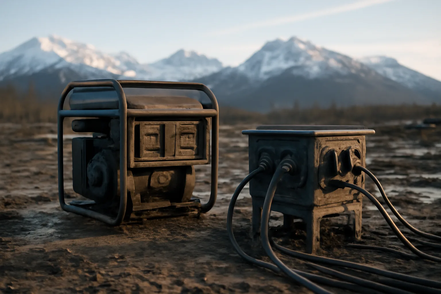 Temporary power setup at an Alaskan construction site with generator and cable