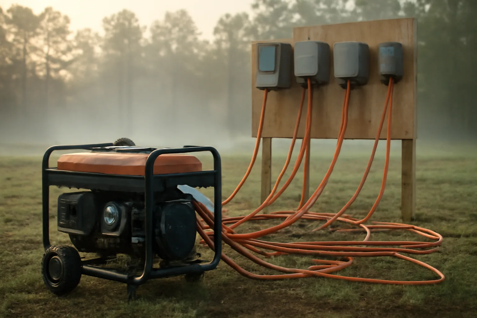 temp power generator and distribution boxes on an Arkansas job site with pine trees and morning mist.
