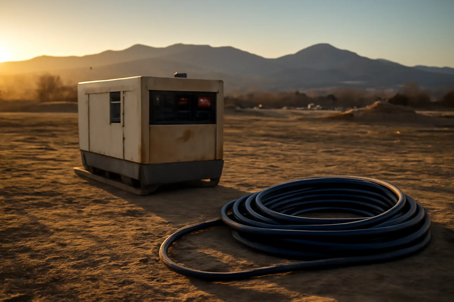 Colorado temp power generator on a dirt construction site at sunrise