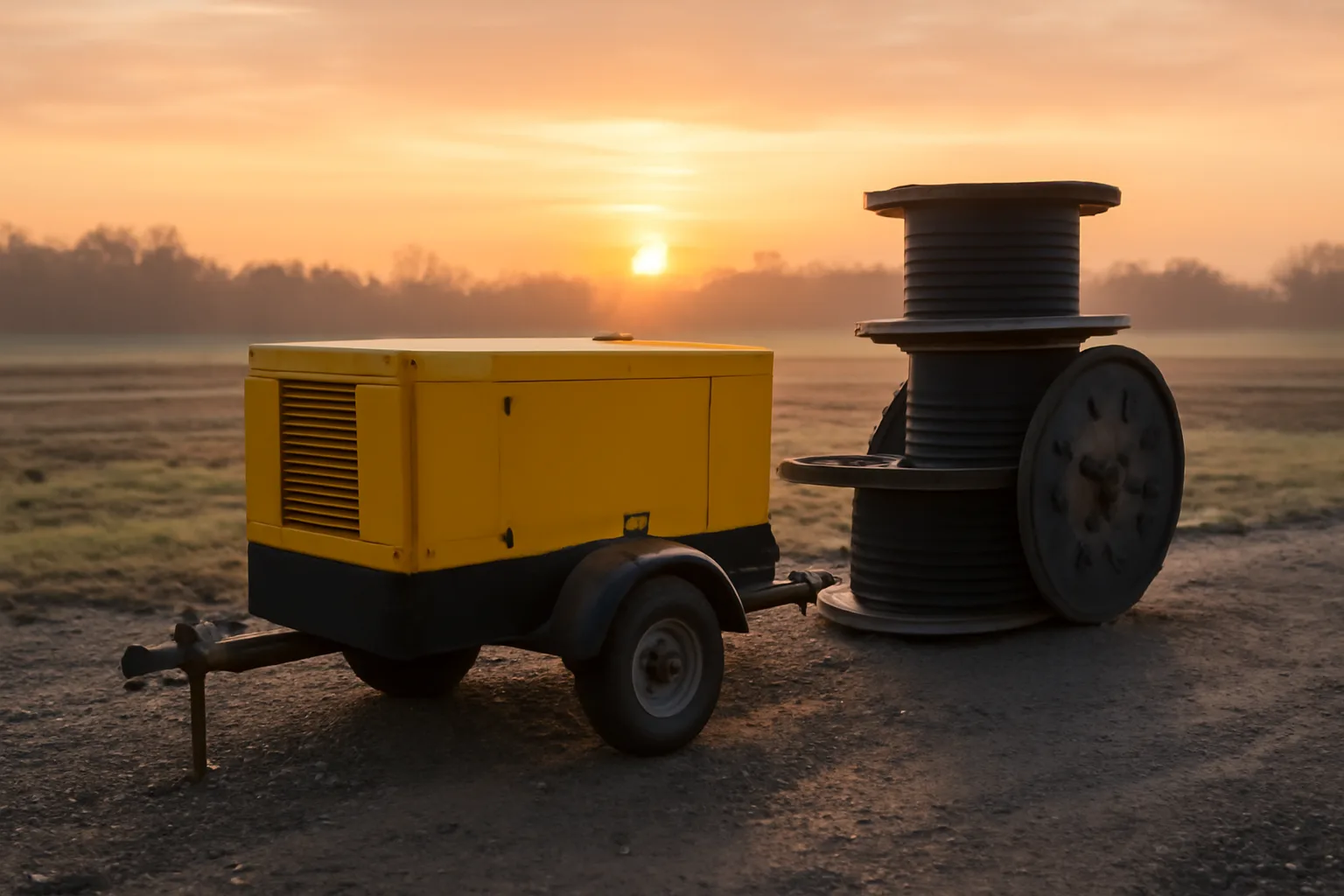 Diesel generator and cable reels on an Indiana job site
