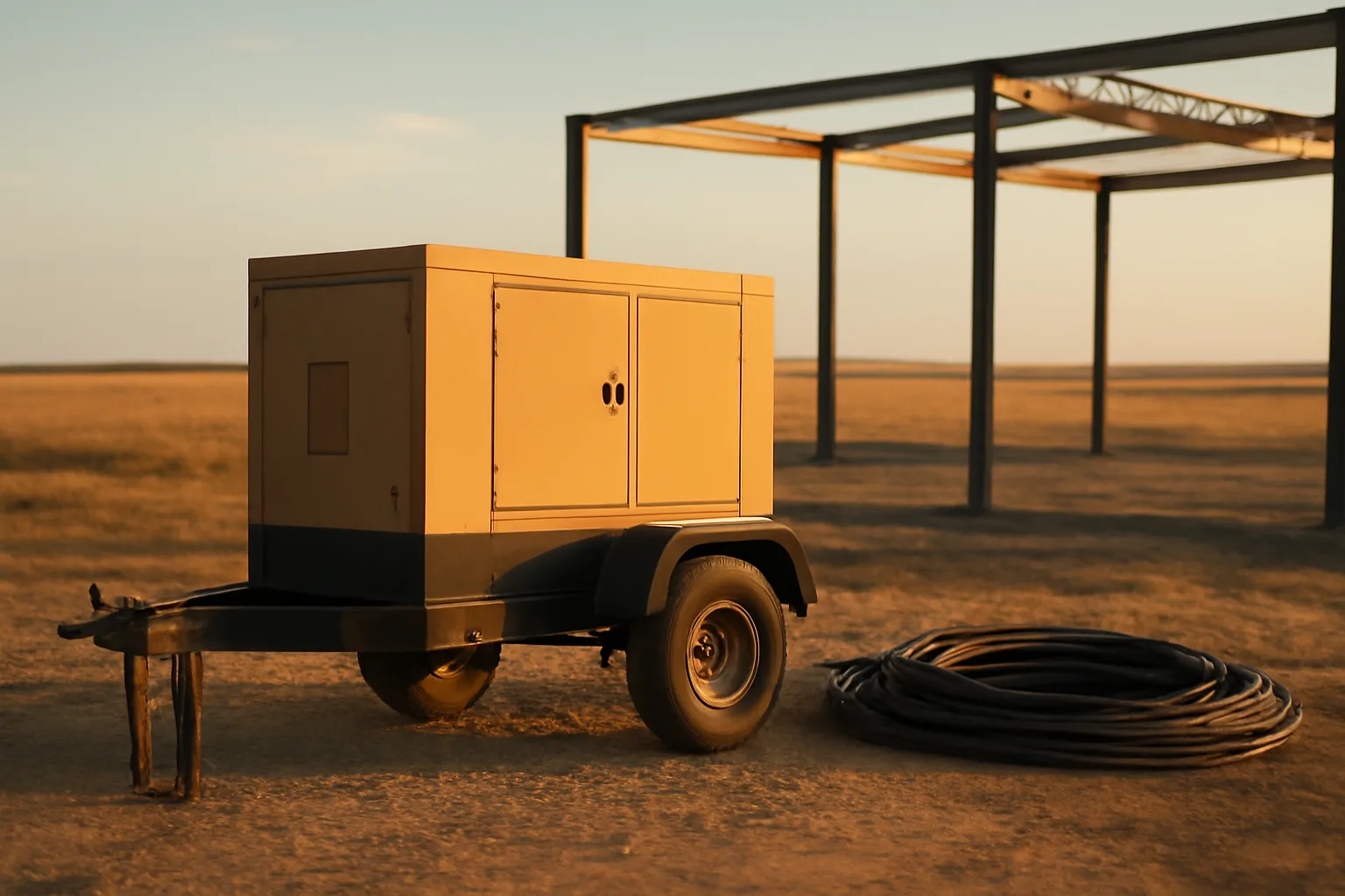 Temp power generator sitting on a Kansas jobsite gravel pad