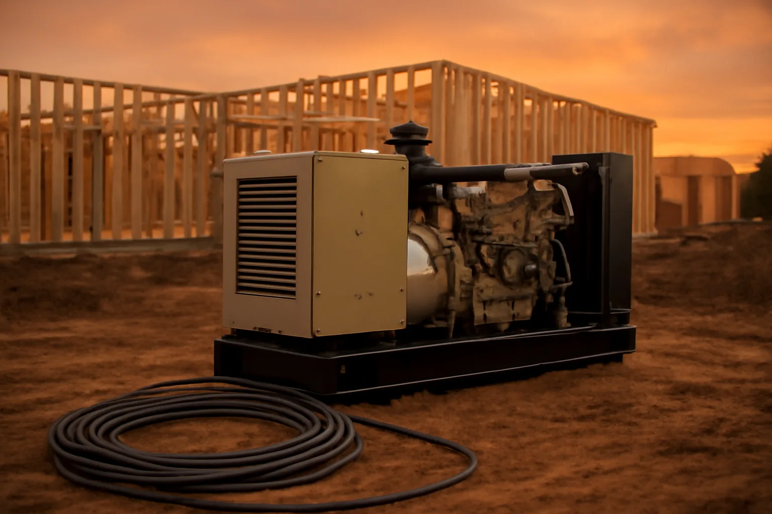 Diesel generator powering a Tennessee construction site at dusk with feeder cables