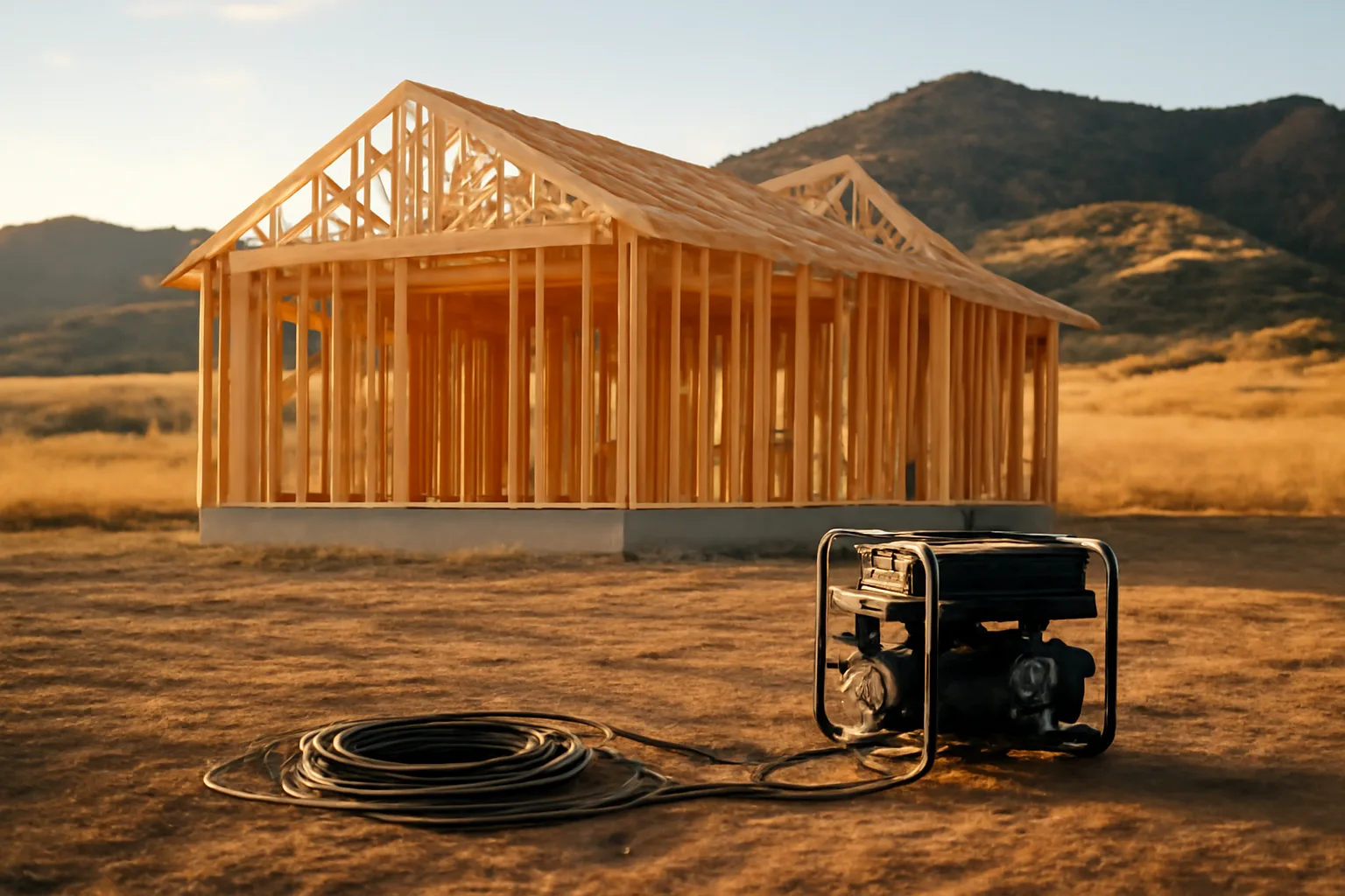 Temporary power generator beside a Colorado construction house frame