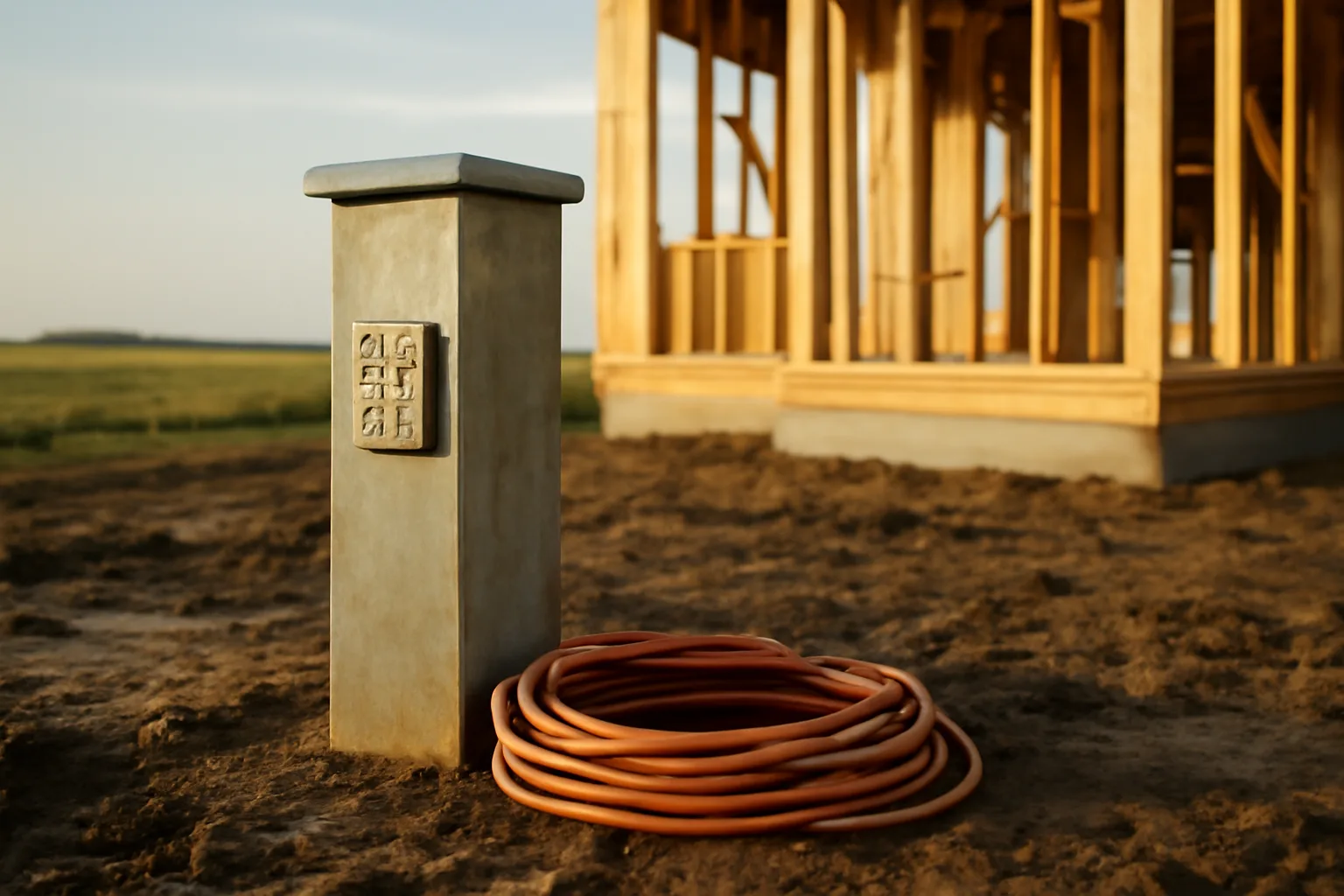 Temporary power pedestal beside a framed house on a Delaware jobsite