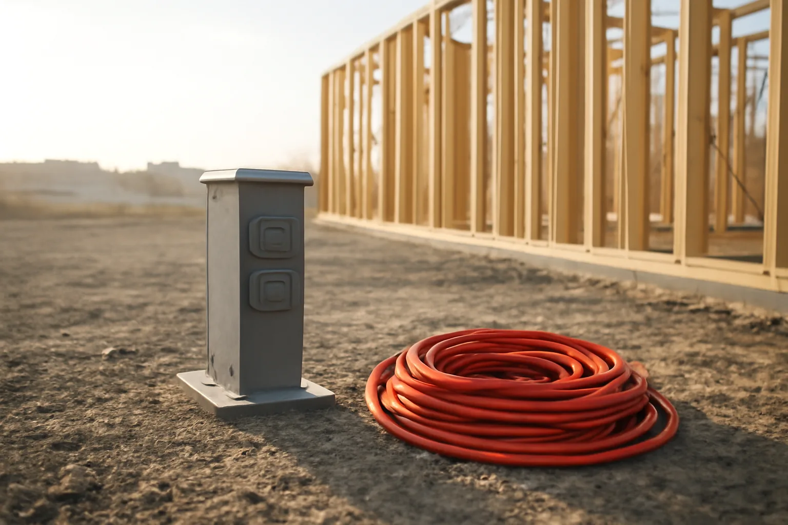 Temporary power pedestal on an Indiana construction site at sunrise