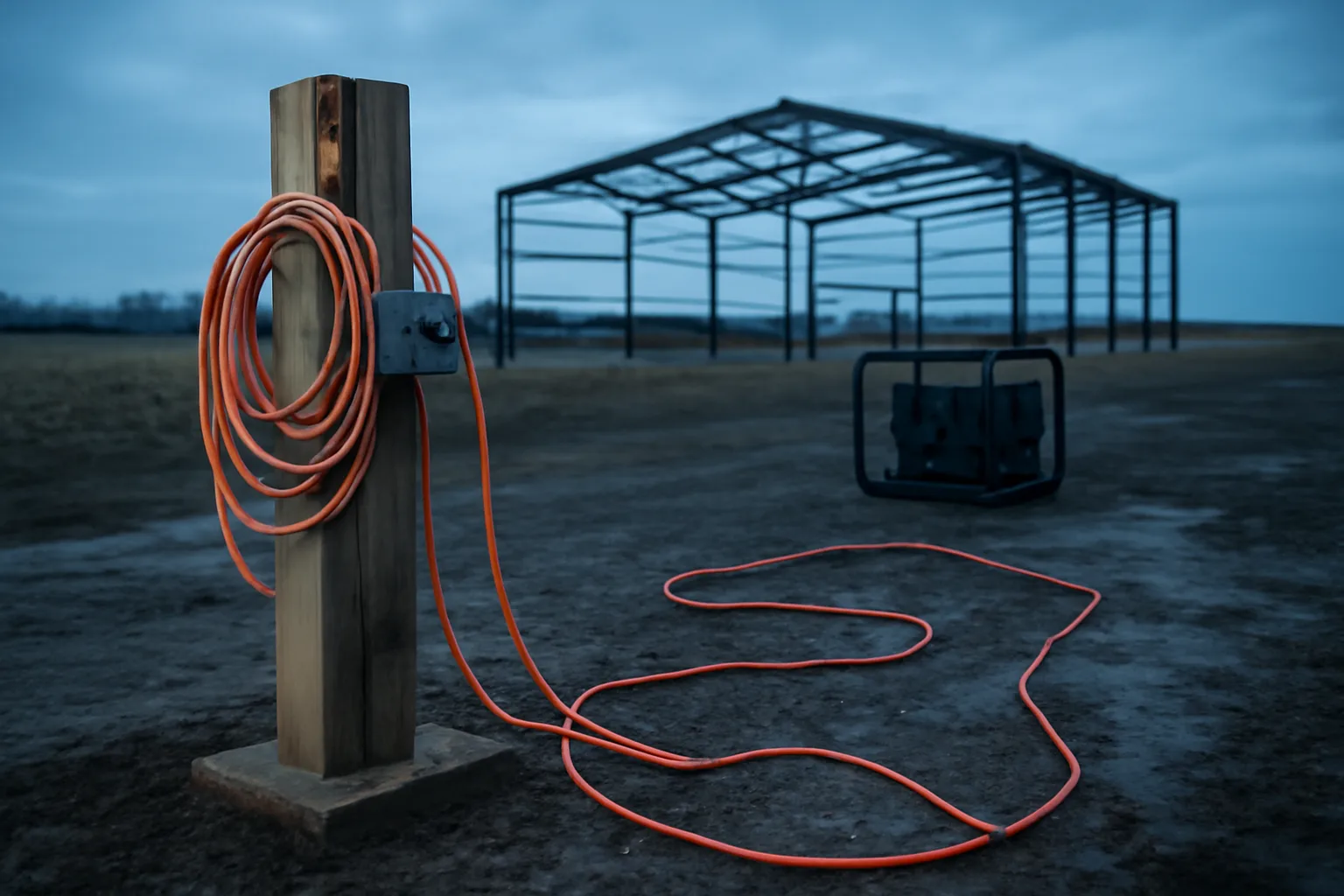 Temporary power pedestal on an Iowa construction site at dawn