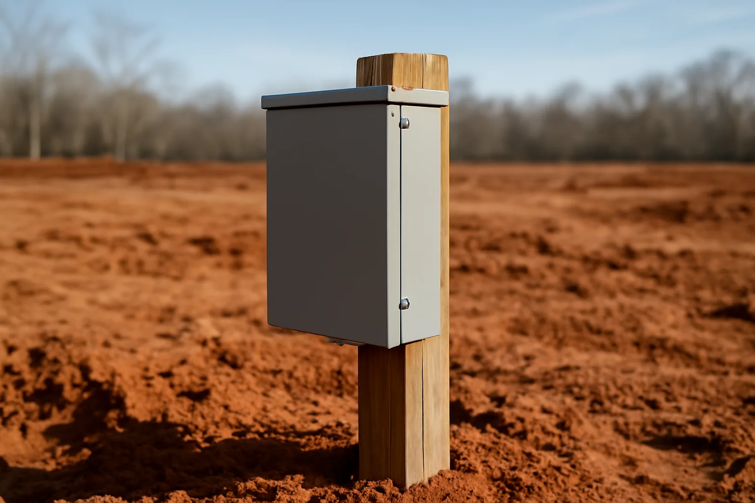 Temporary power board on a wooden post at a Tennessee construction site in winter light