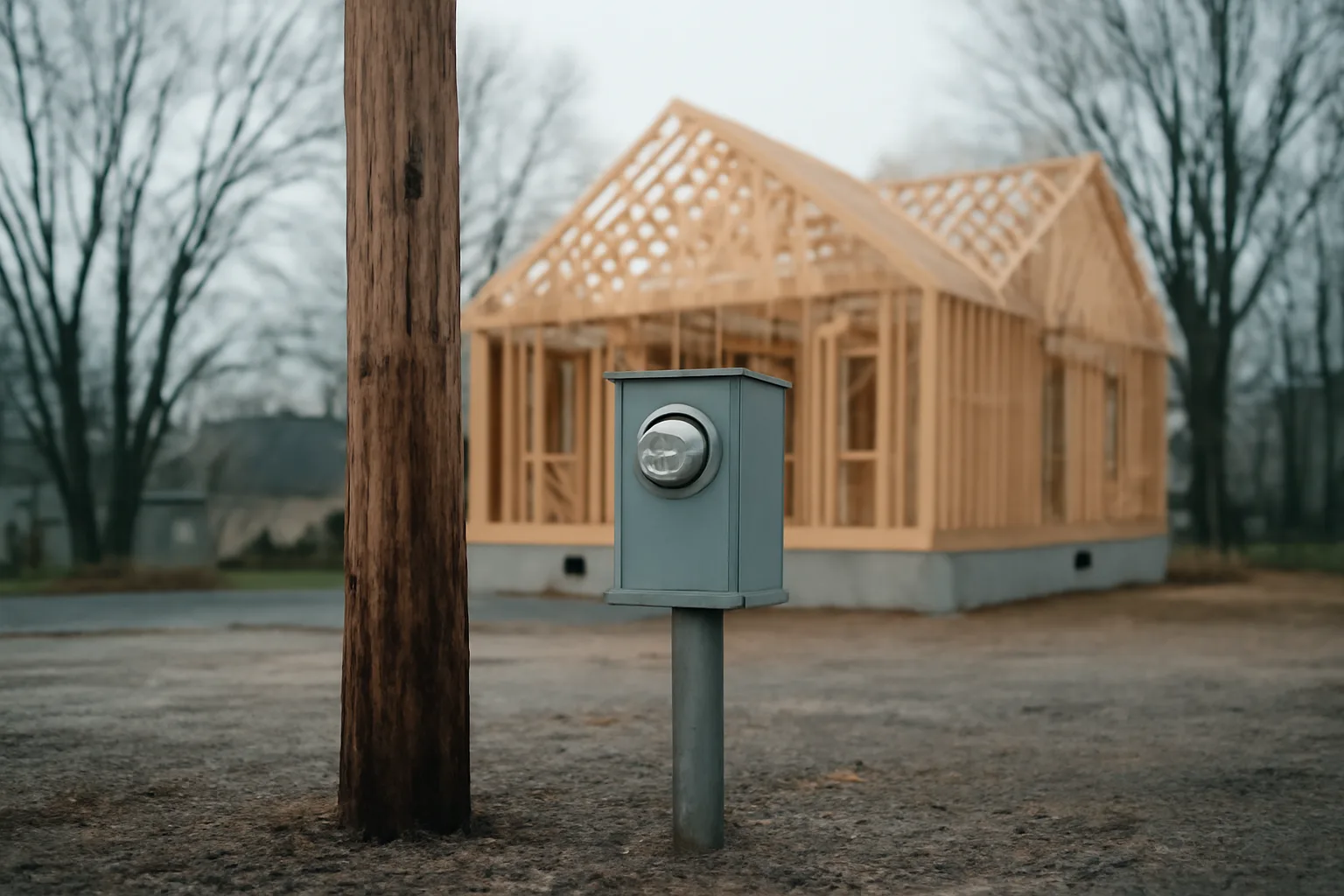 Wooden temp power pole beside an unfinished Connecticut house