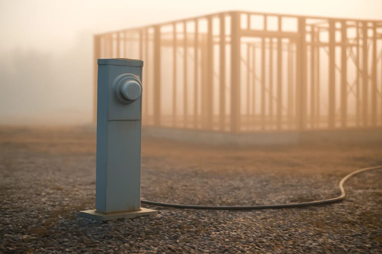 Temporary meter pedestal on a damp Delaware construction pad