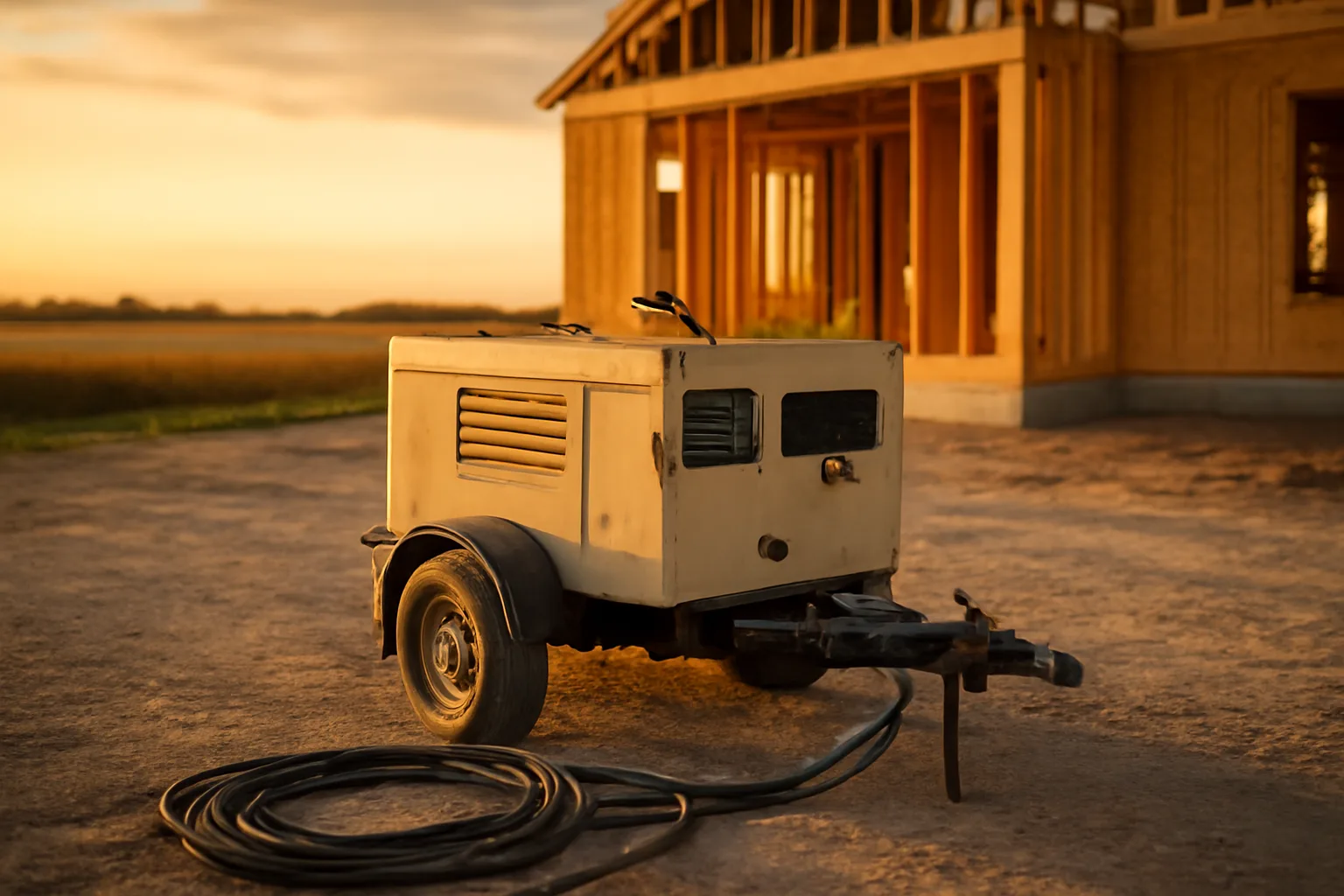 Jobsite generator on gravel beside an Indiana house under construction