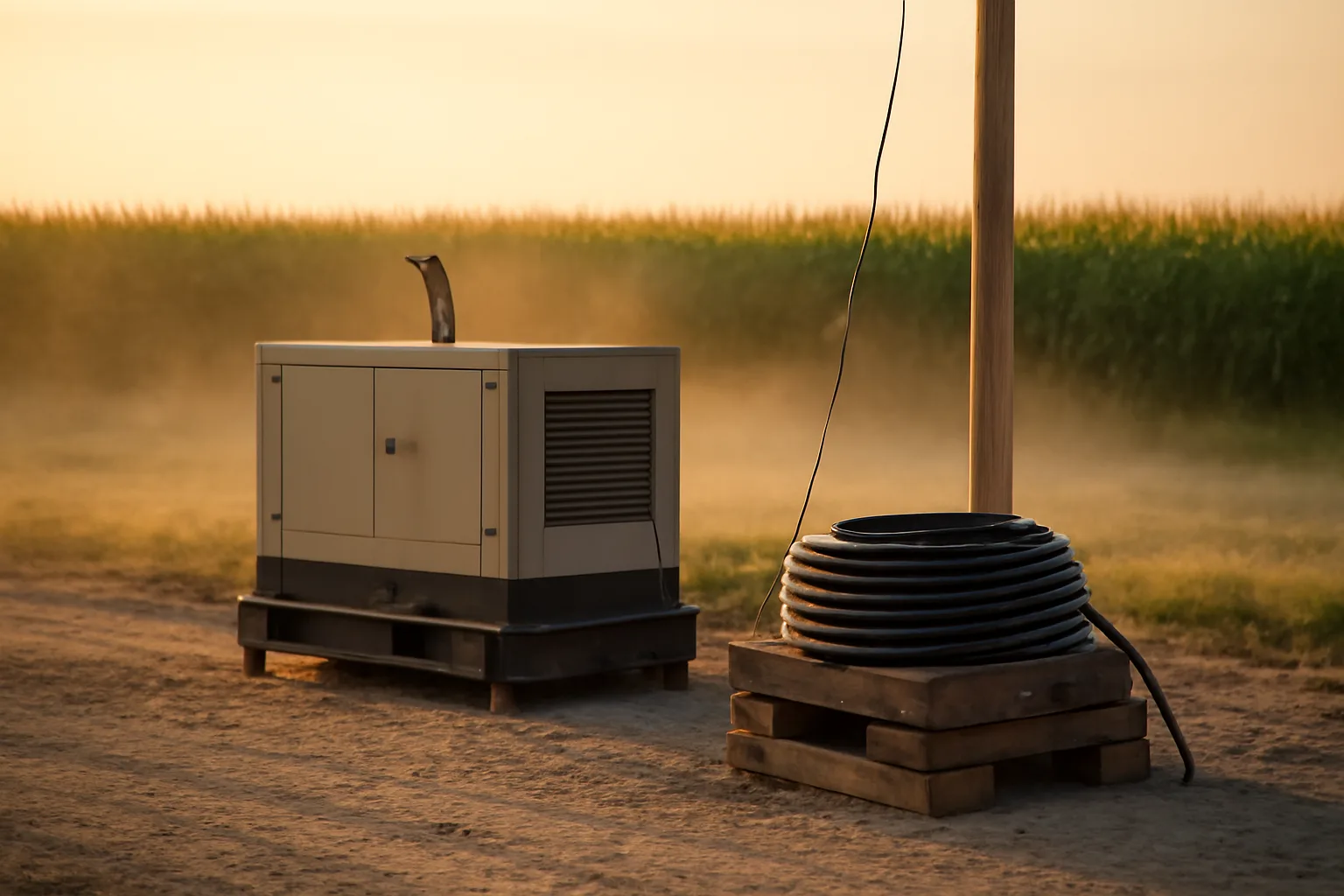 Iowa temp power generator and wood pole on a gravel job site
