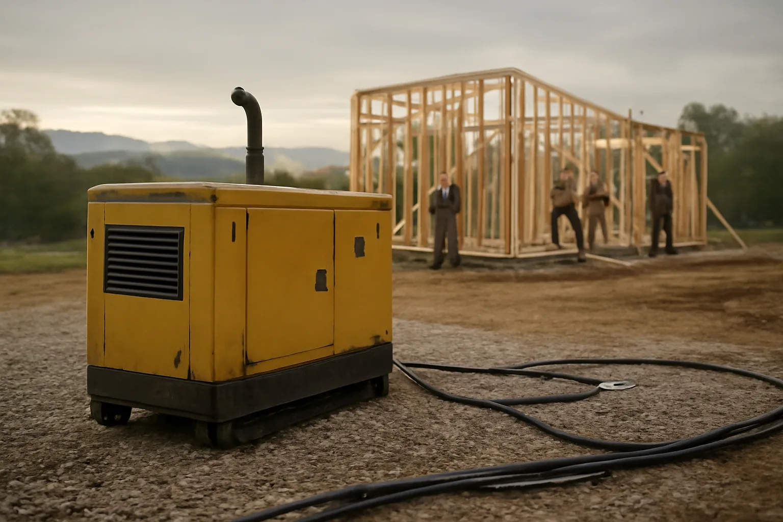 Diesel generator powering a Tennessee construction site with cable runs in foreground