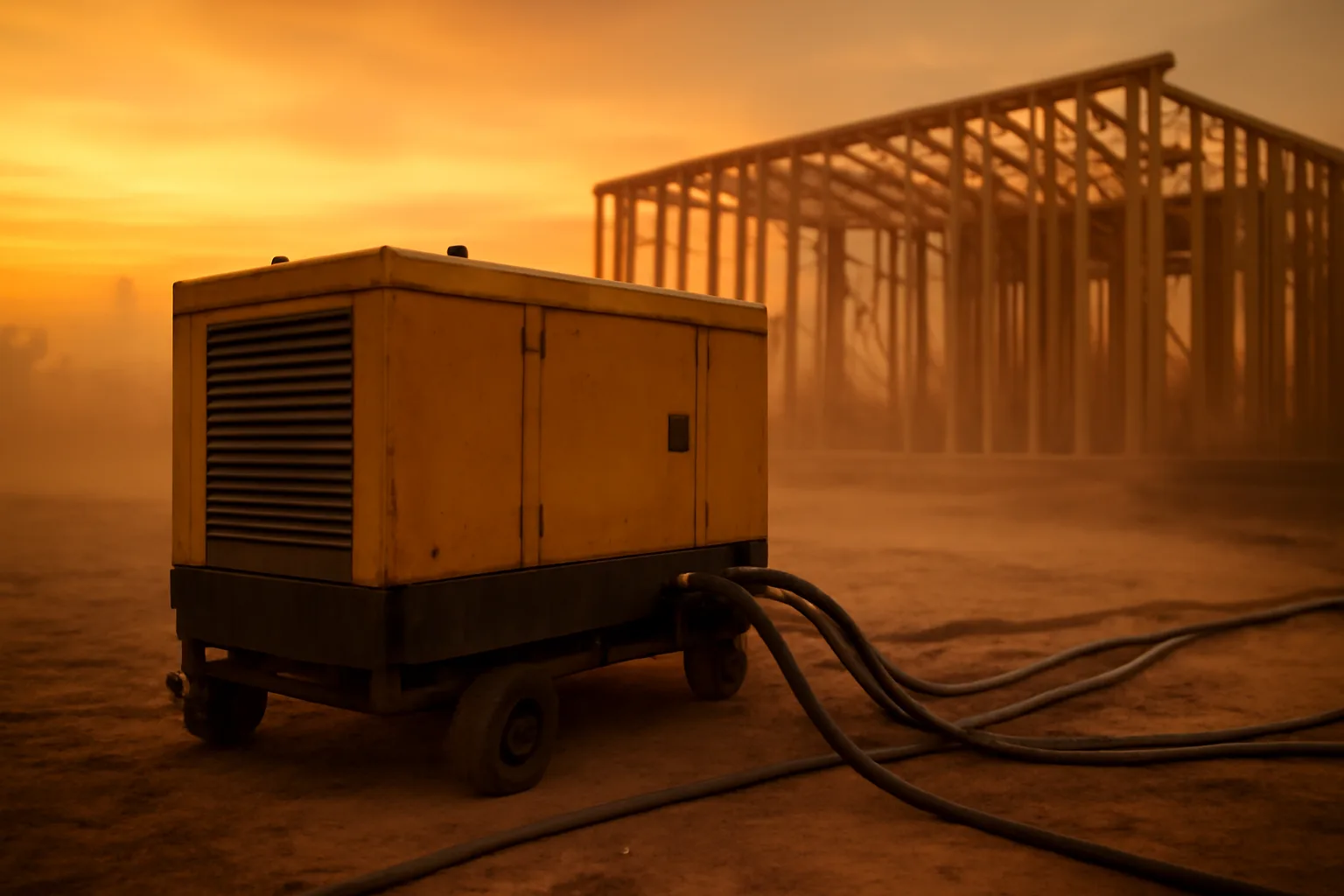 Diesel generator powering a Texas construction site at dusk with feeder cables on dry ground