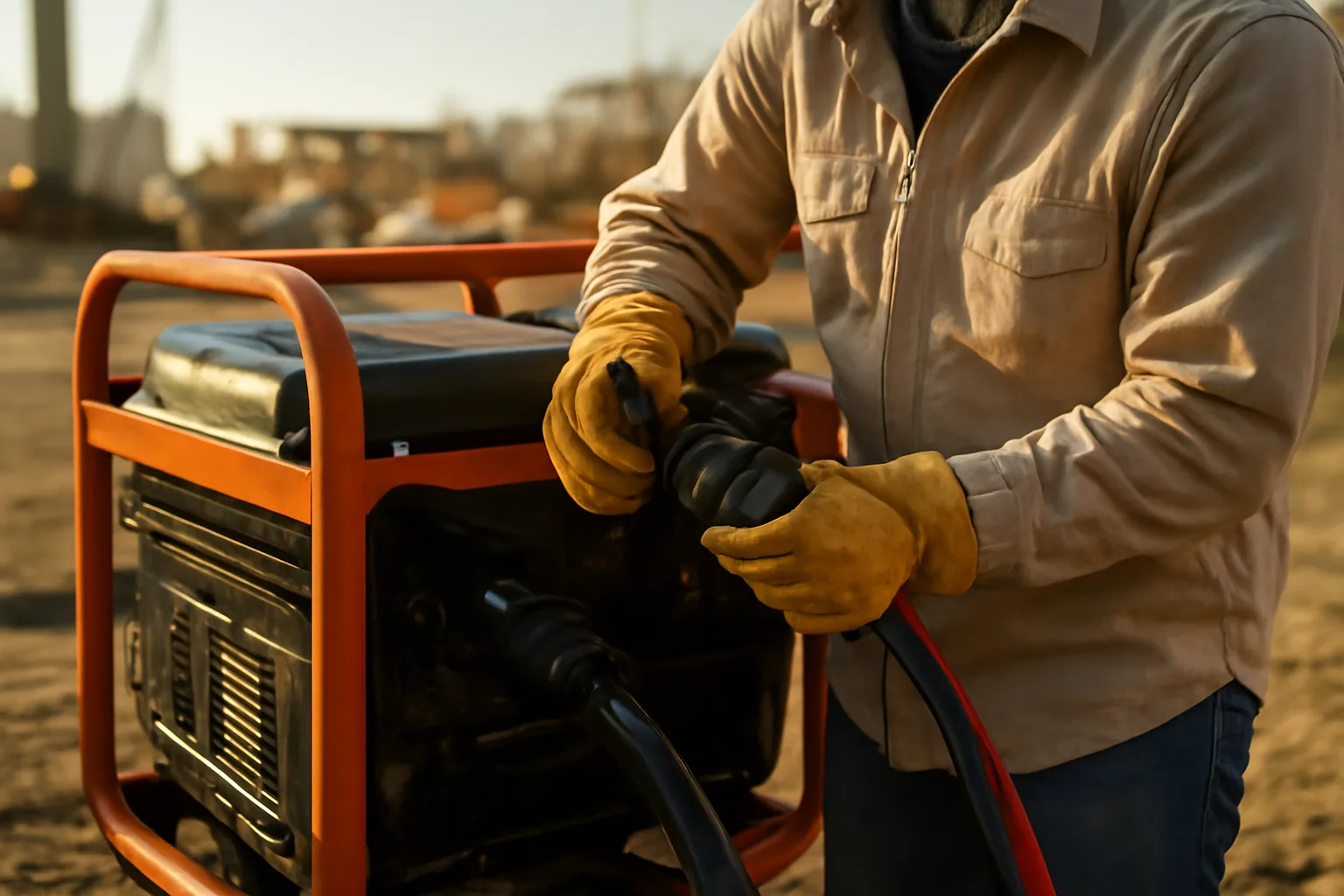 Electrician connecting temporary power cable to generator in California construction site