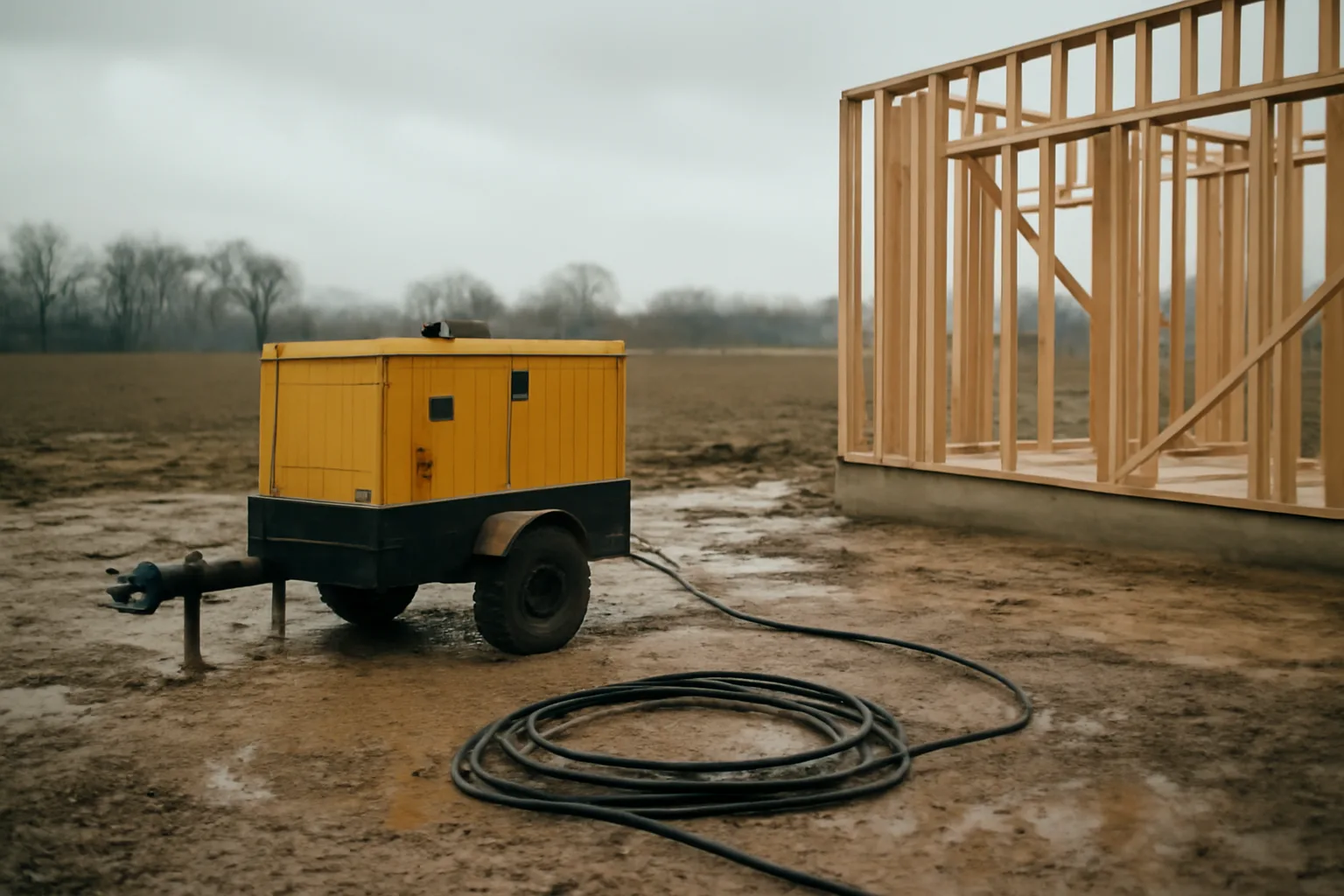Towable generator beside a wood house frame on muddy Indiana gravel