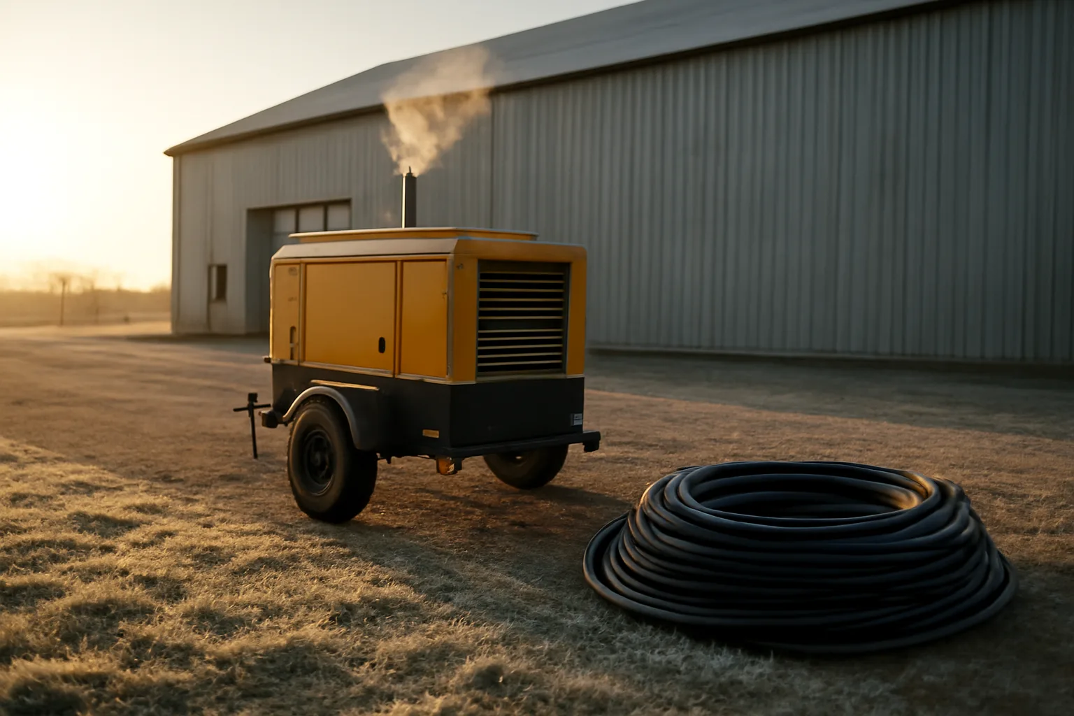 Temp power generator and cable sitting in a frosty Iowa yard
