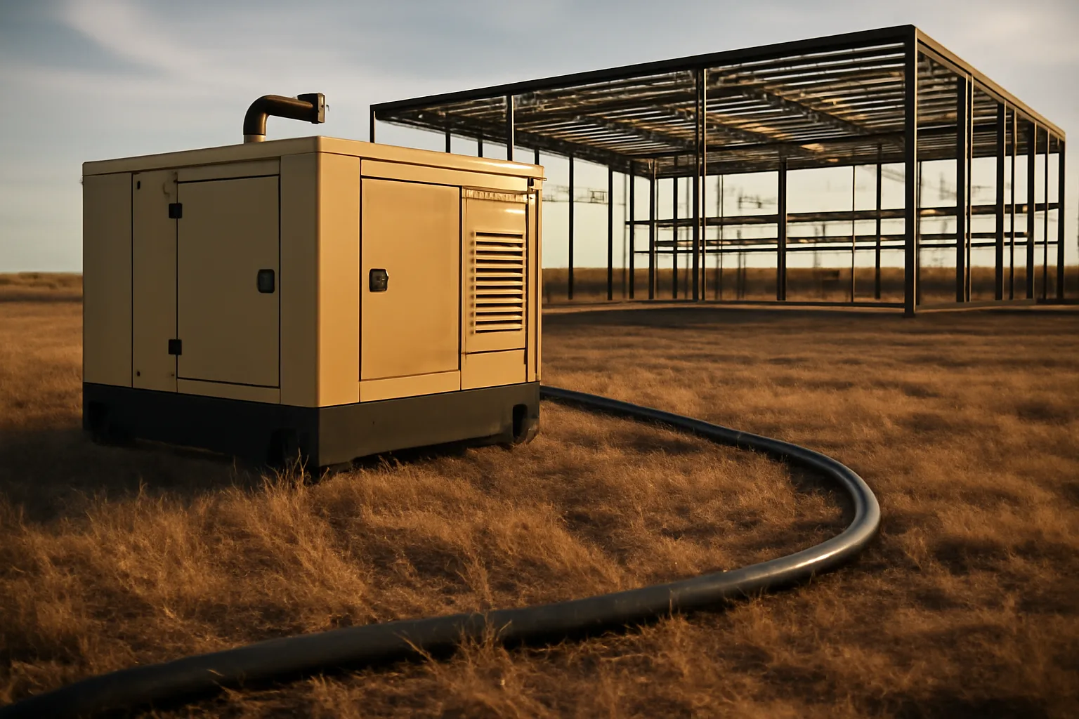 Temporary power generator sitting beside a Kansas warehouse frame