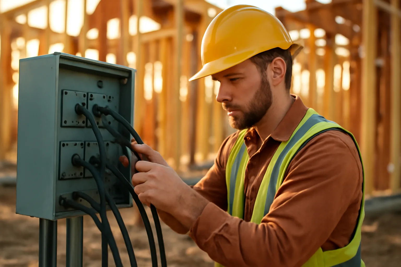 Electrician connecting cables at a temporary power panel on a Tennessee construction site