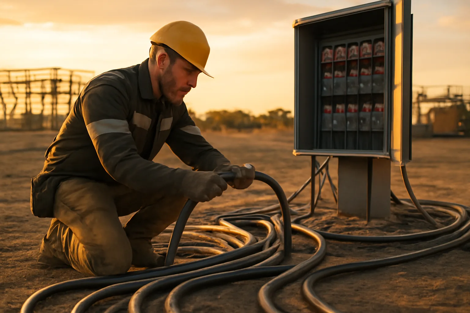 Electrician connecting temp power cables at a Texas construction site at sunset
