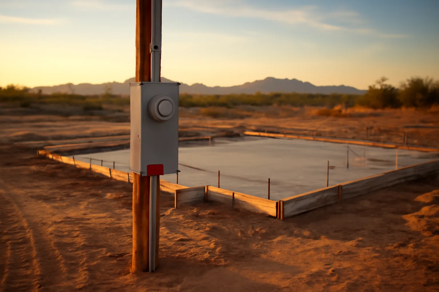 temporary power pole on an Arizona construction site during late afternoon