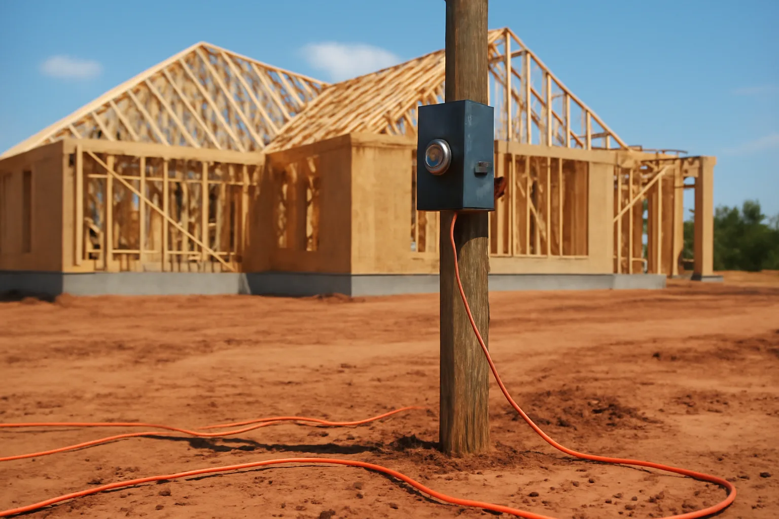 Temporary power pole at an Arkansas construction site
