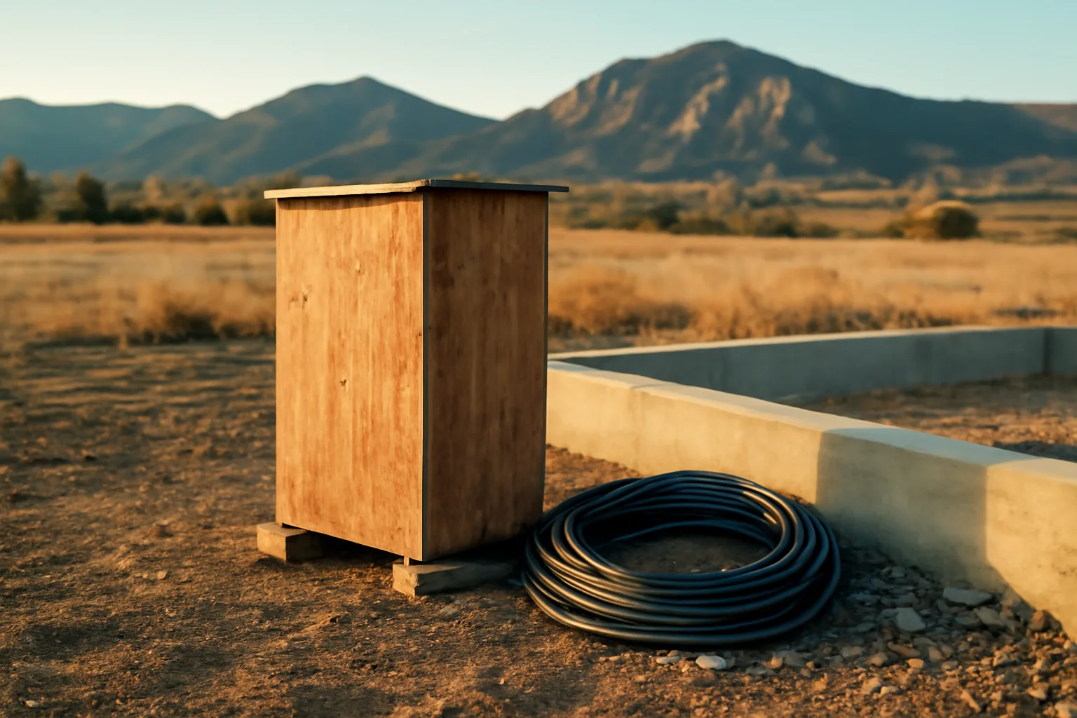 Temporary power pedestal on a Colorado construction site at dusk