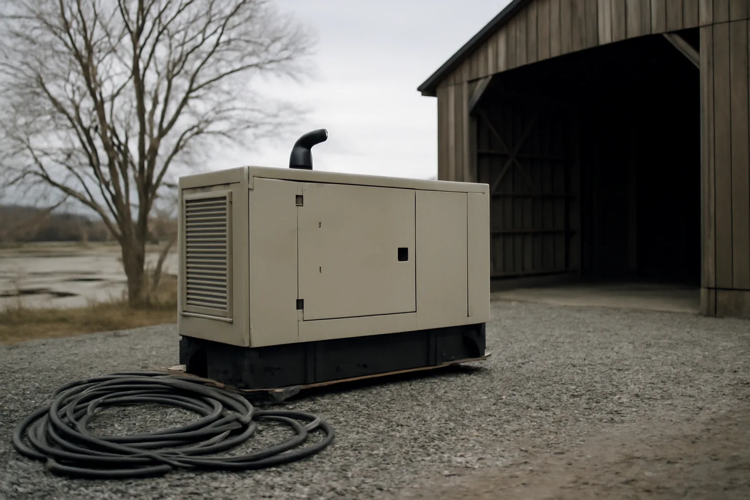 Diesel generator beside a wood-framed Connecticut jobsite building