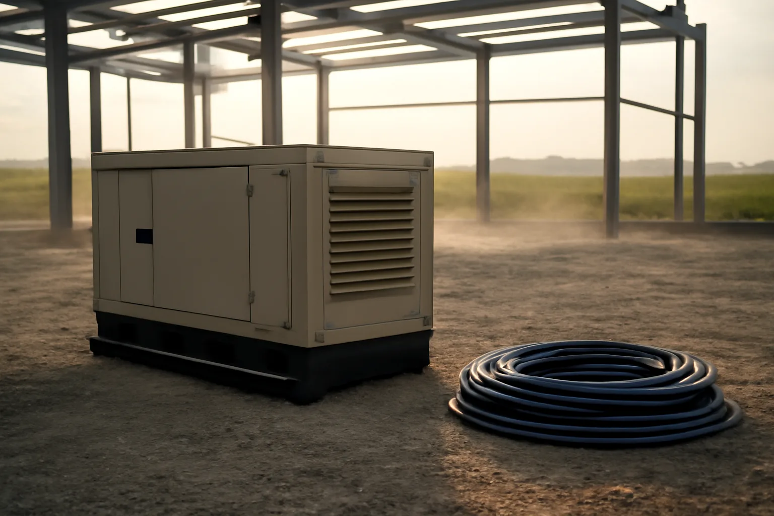 Temporary power generator beside a steel frame in rural Indiana
