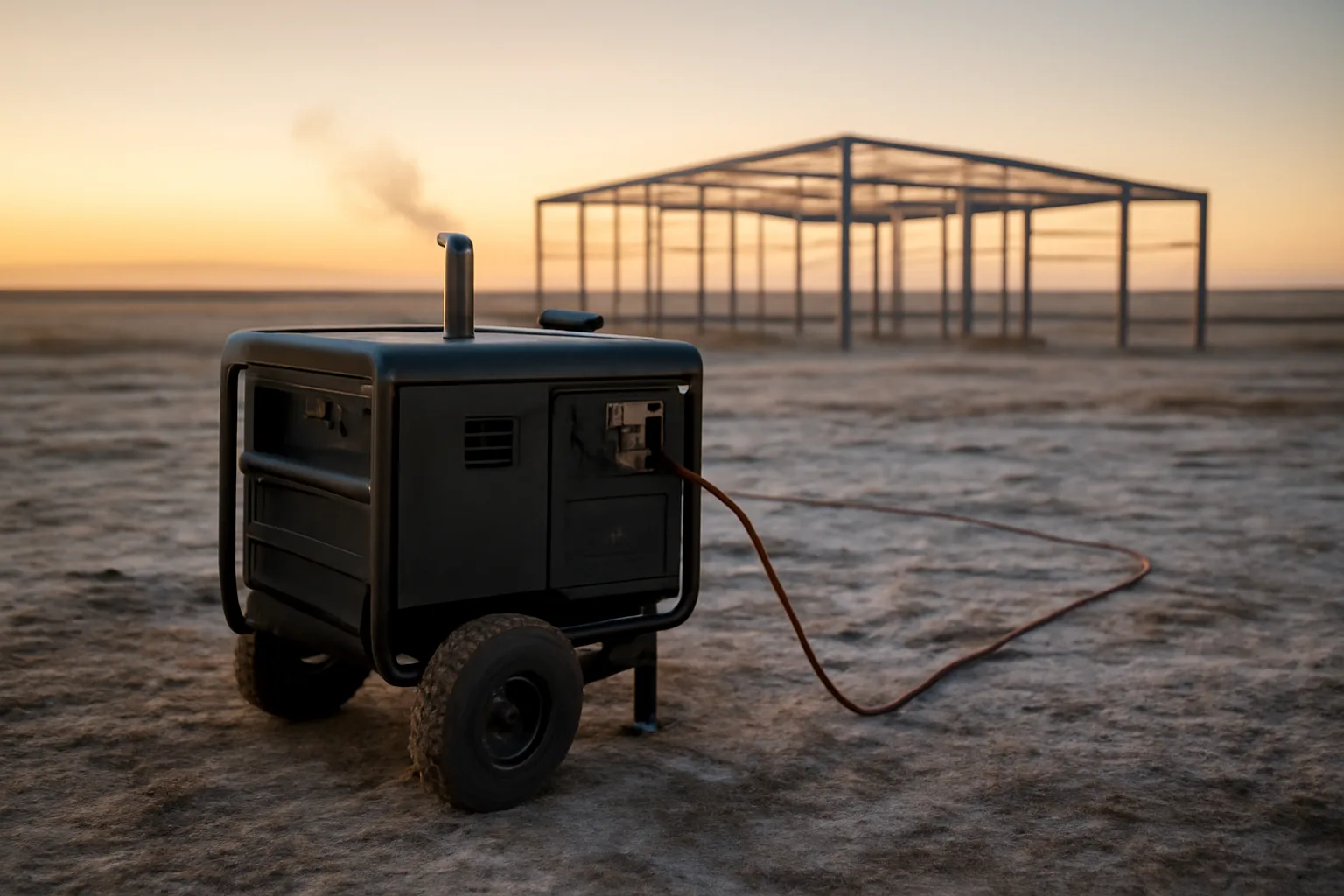 Portable generator powering a steel-frame construction site on the South Dakota plains at dawn