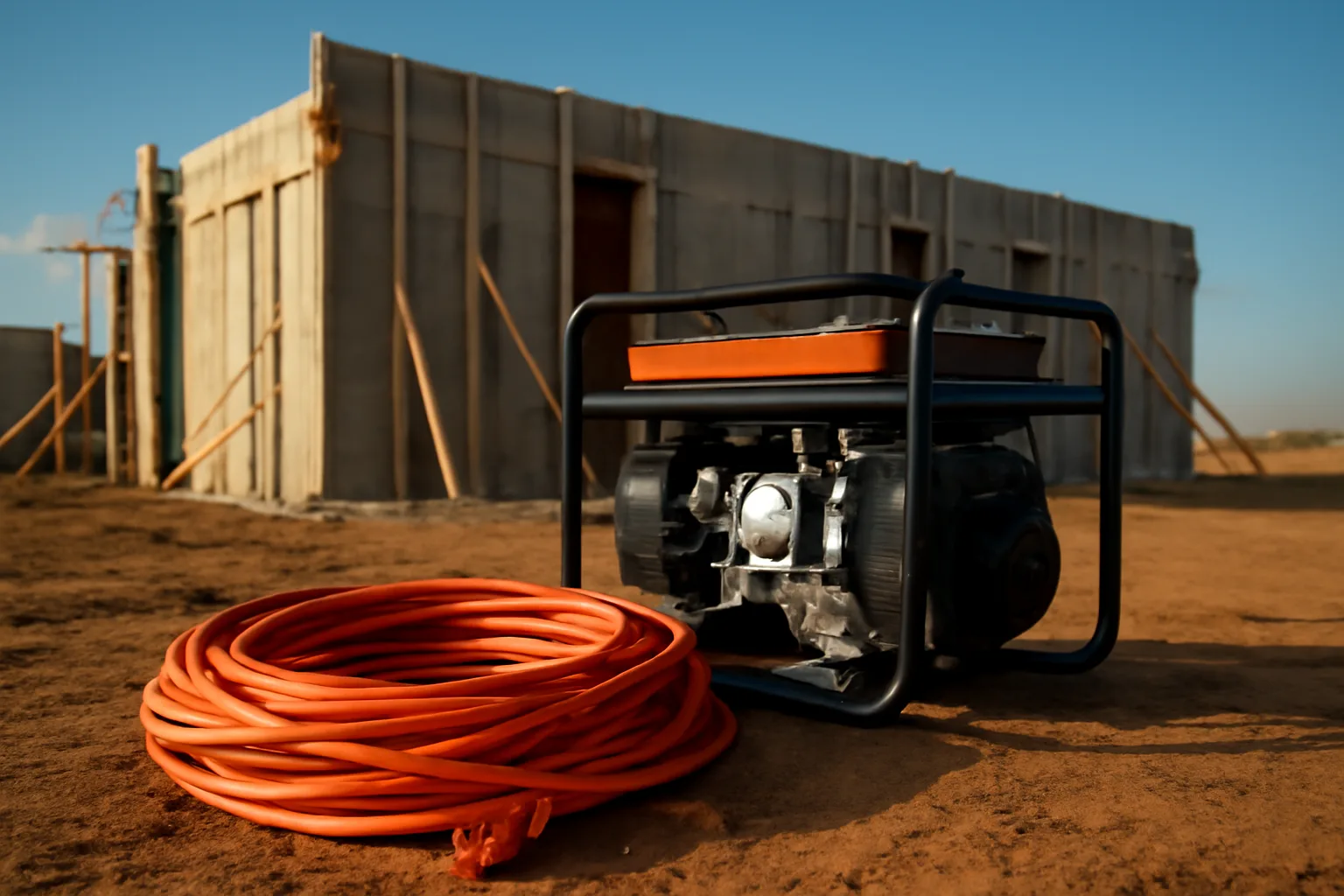 Orange power cables connected to a generator at a Texas construction site at dusk